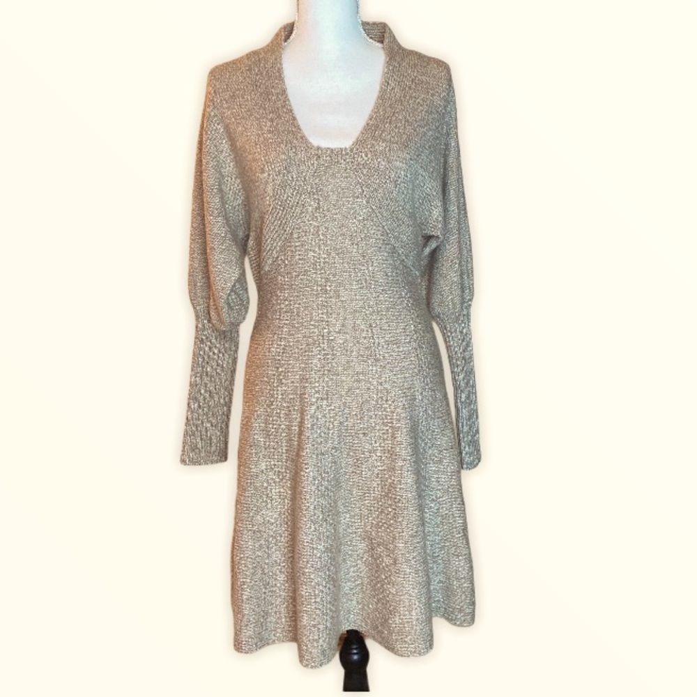 Moda International Tan Neutral Sweater Wool Blend Dress Balloon Sleeves